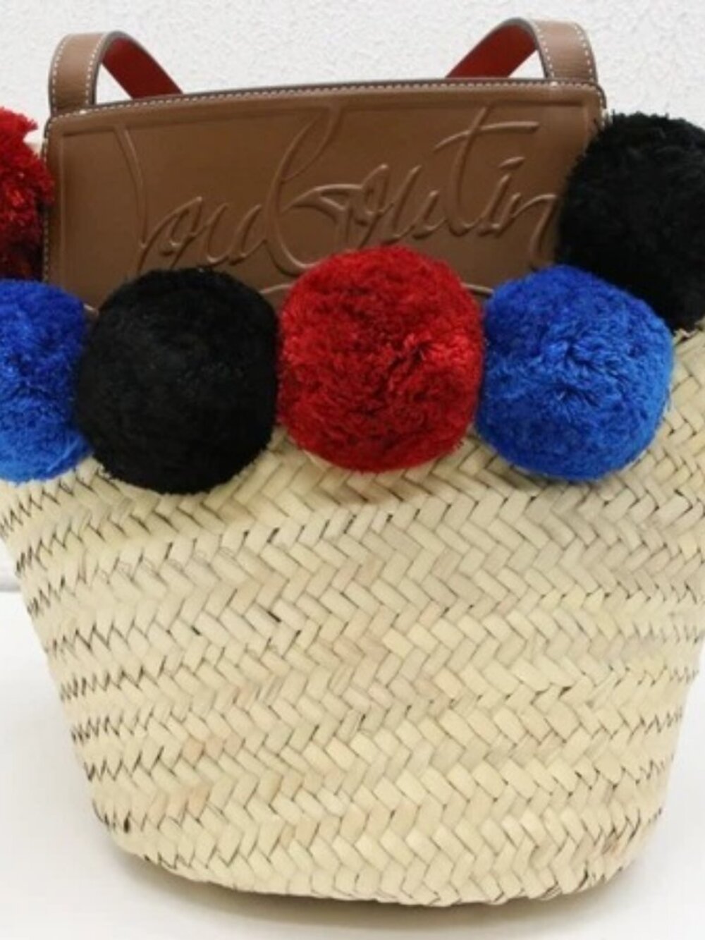 Christian Louboutin Loubishore Pompom Woven Straw Logo Tote Bag